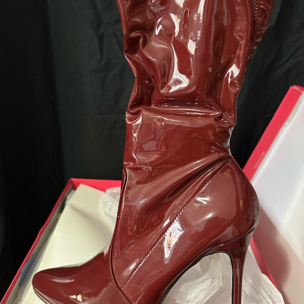 Women's Burgundy Liquid Patent Leather Heeled Boots